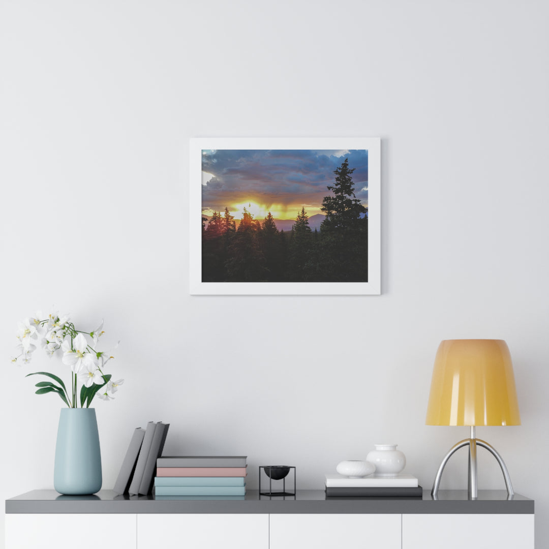 Rainy Sunset Through the Trees - Framed Print