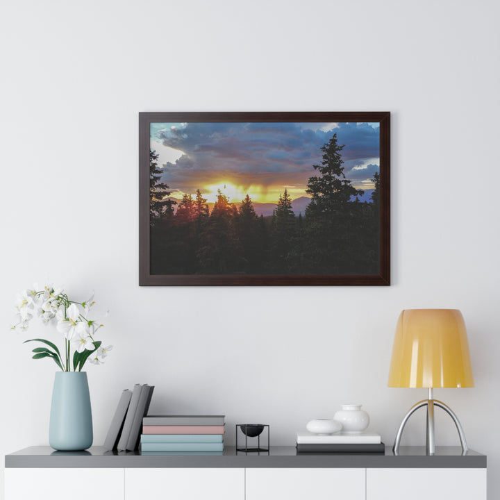 Rainy Sunset Through the Trees - Framed Print
