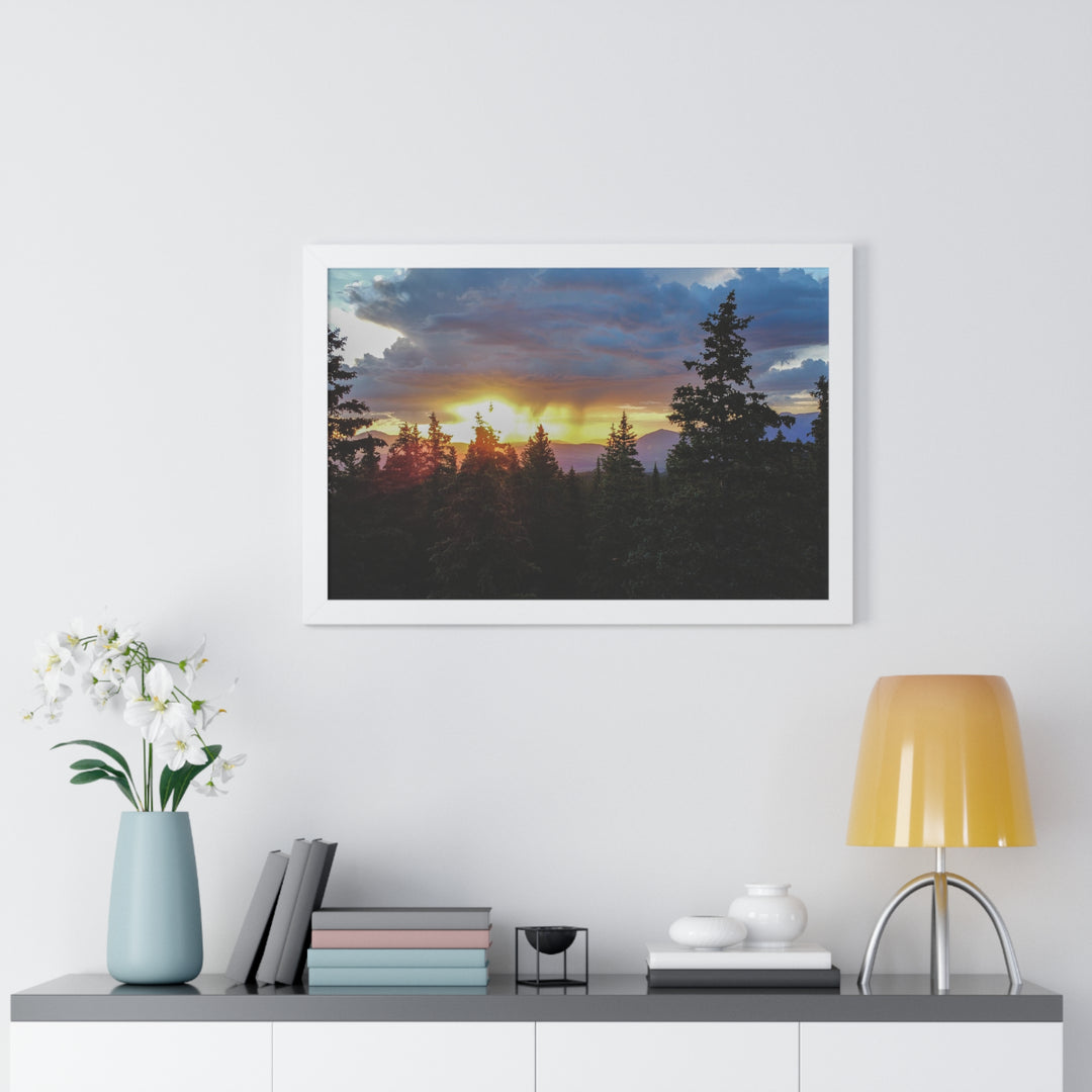Rainy Sunset Through the Trees - Framed Print