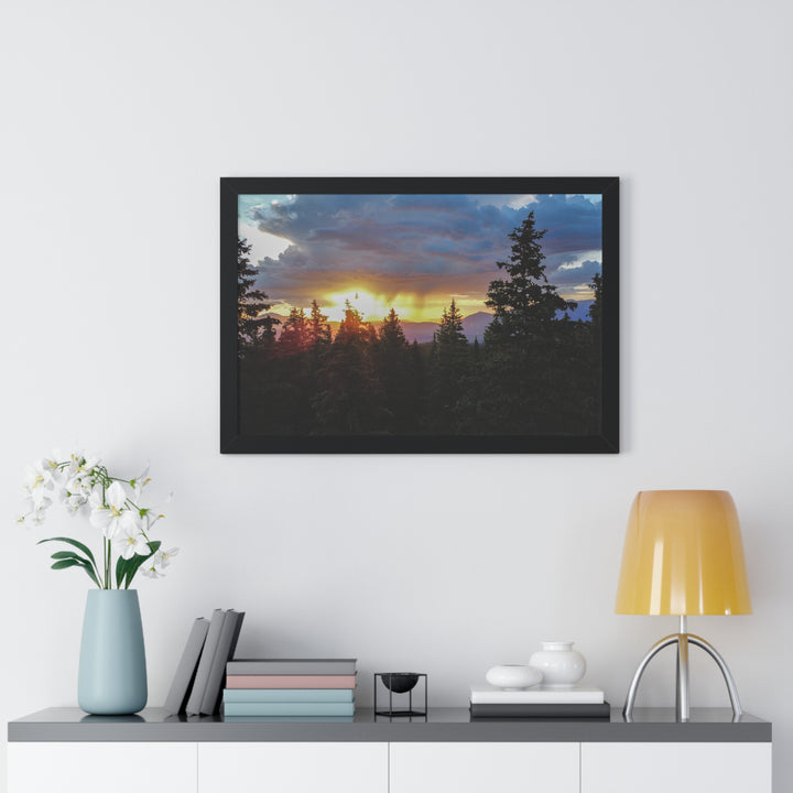 Rainy Sunset Through the Trees - Framed Print