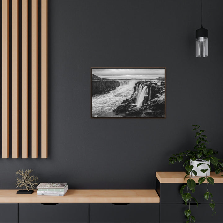 Selfoss in Black and White - Canvas with Frame