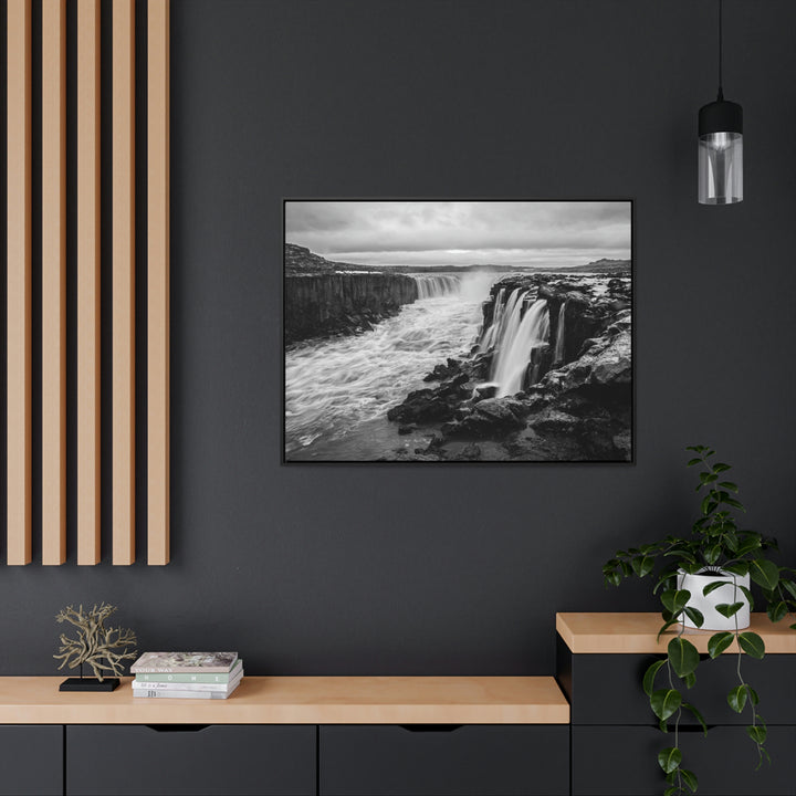 Selfoss in Black and White - Canvas with Frame