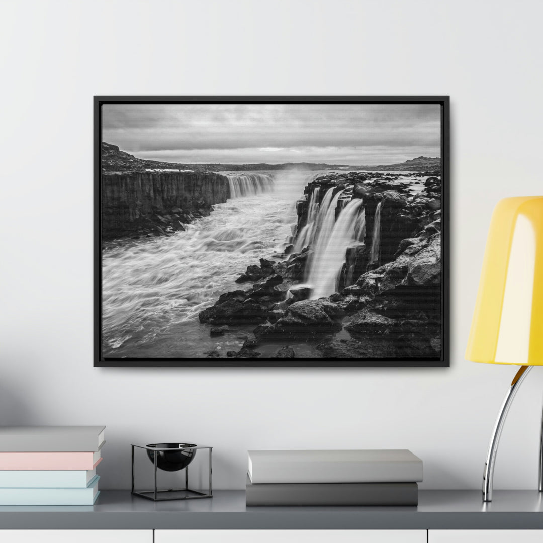 Selfoss in Black and White - Canvas with Frame