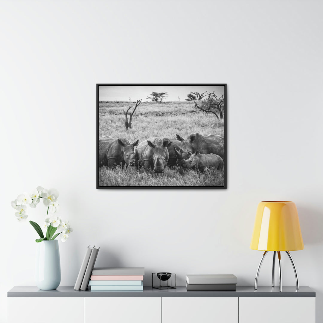 Rhino Family in Black and White - Canvas with Frame