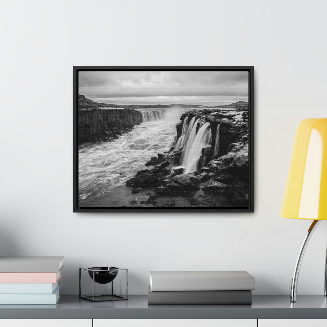 Selfoss in Black and White - Canvas with Frame