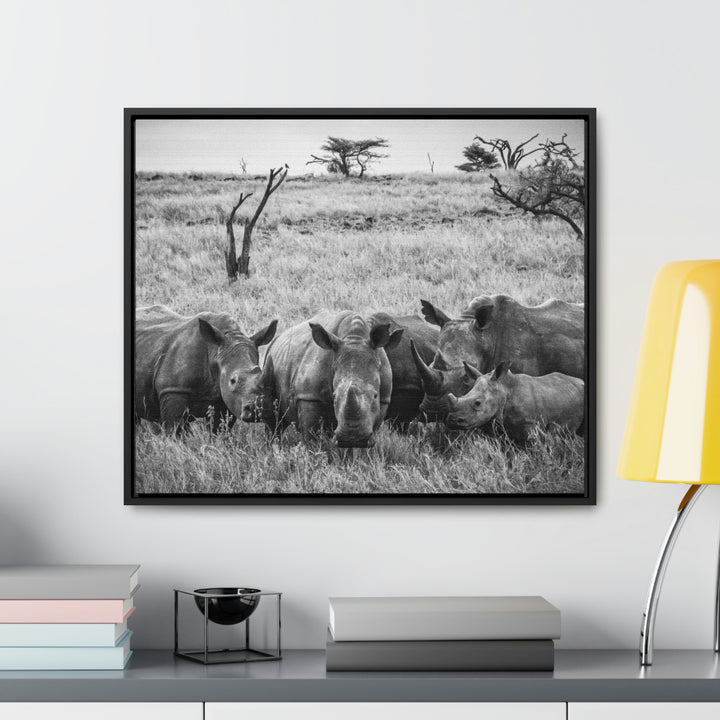 Rhino Family in Black and White - Canvas with Frame