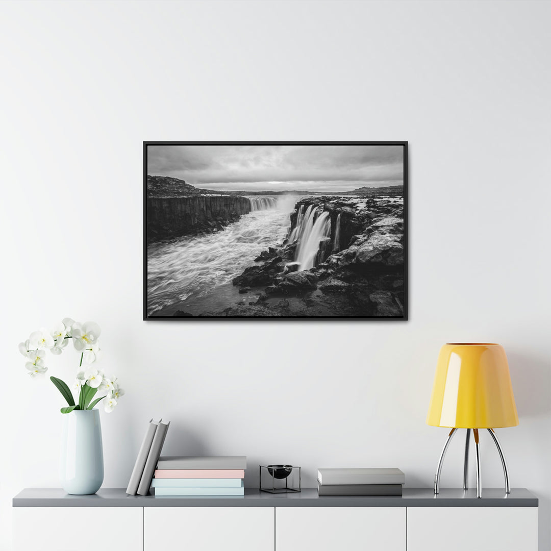 Selfoss in Black and White - Canvas with Frame