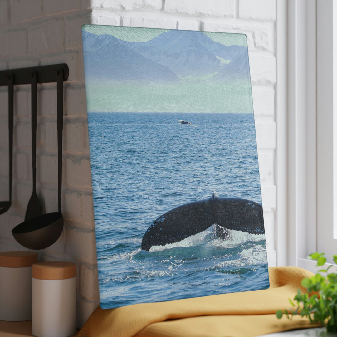 A Whale and A Mountain - Glass Cutting Board - Visiting This World