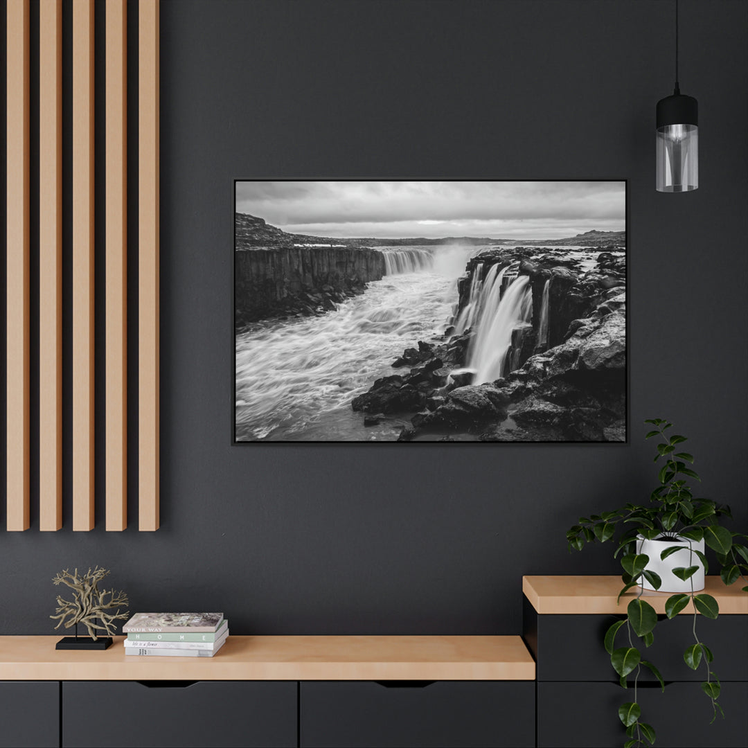 Selfoss in Black and White - Canvas with Frame