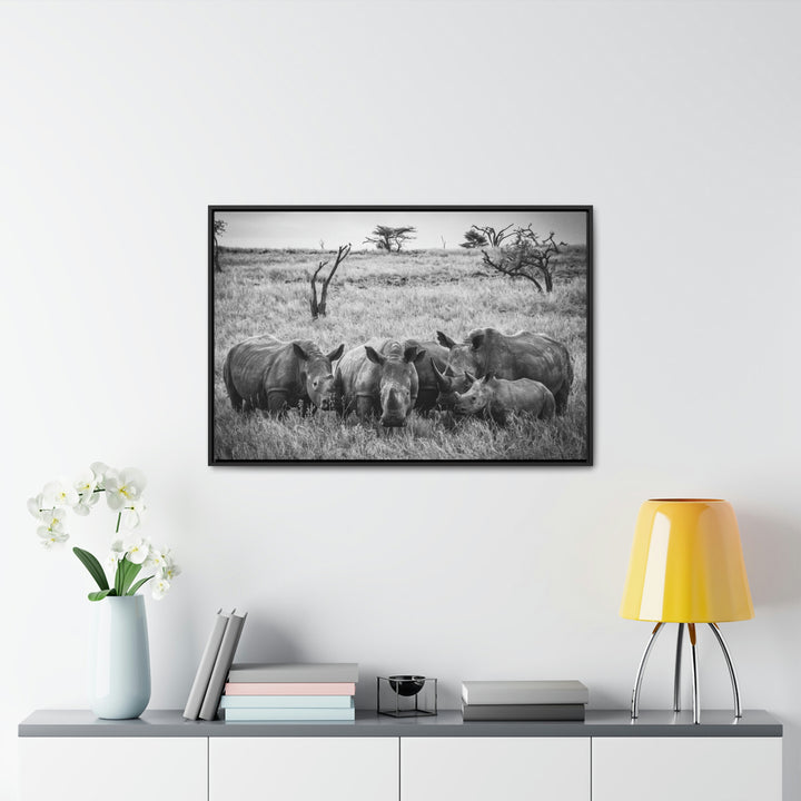 Rhino Family in Black and White - Canvas with Frame