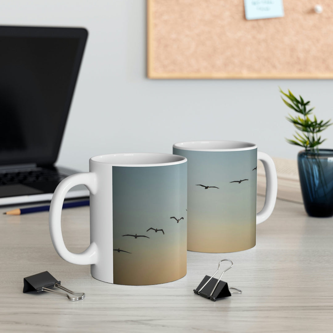 Brown Pelicans in Flight - Ceramic Mug 11oz - Visiting This World