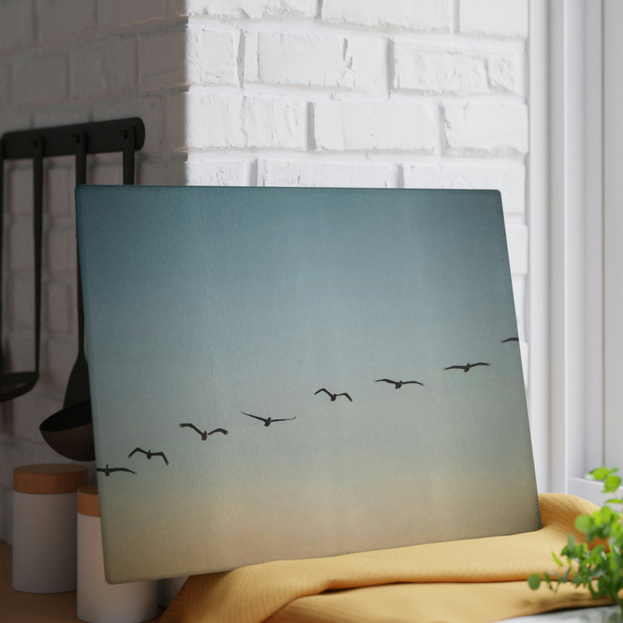 Brown Pelicans in Flight - Glass Cutting Board - Visiting This World