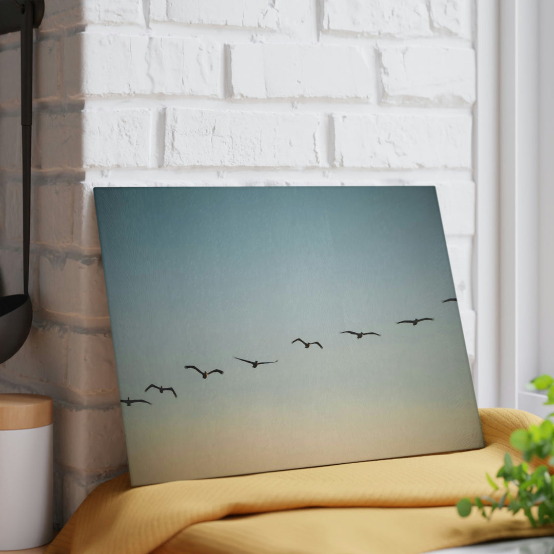 Brown Pelicans in Flight - Glass Cutting Board - Visiting This World