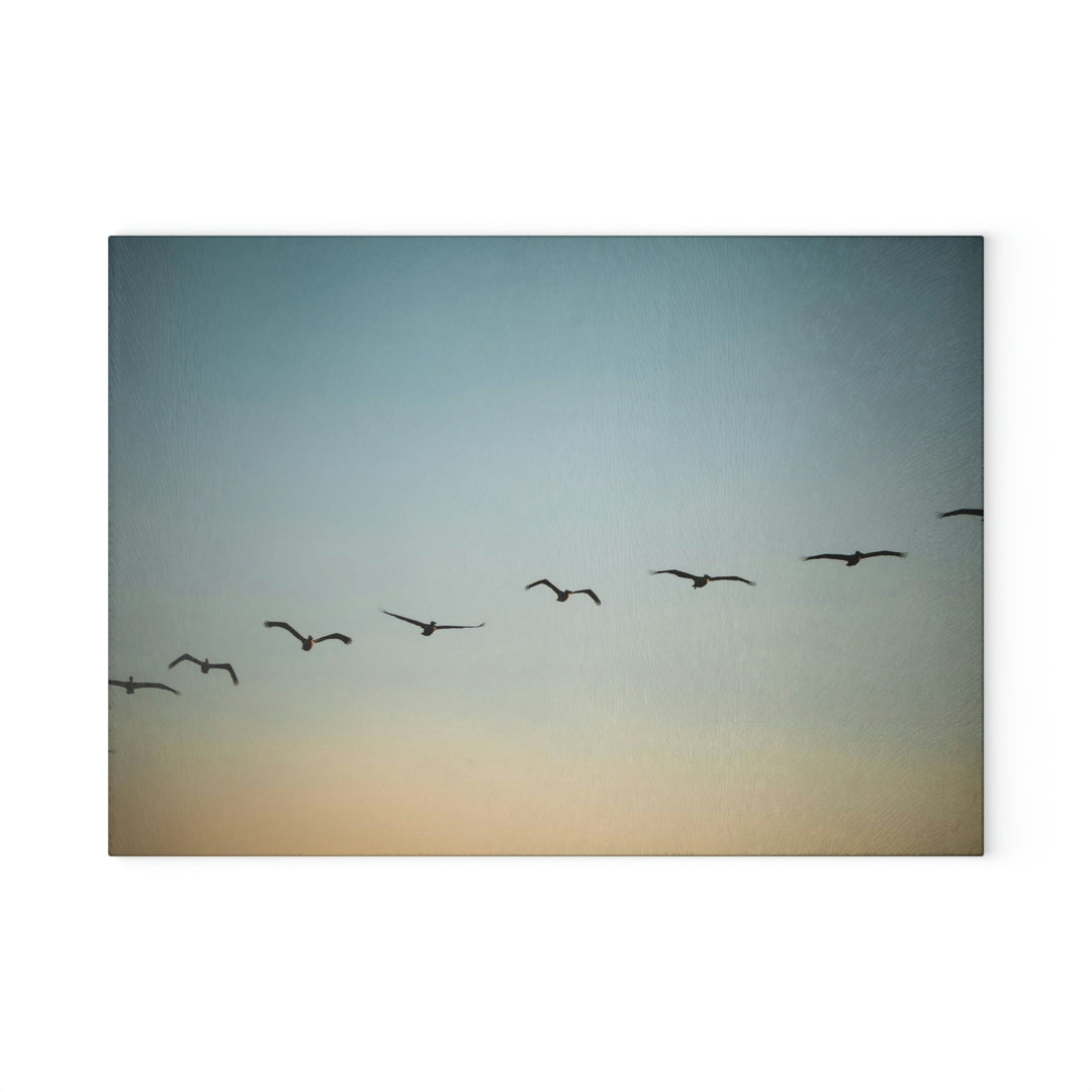 Brown Pelicans in Flight - Glass Cutting Board - Visiting This World