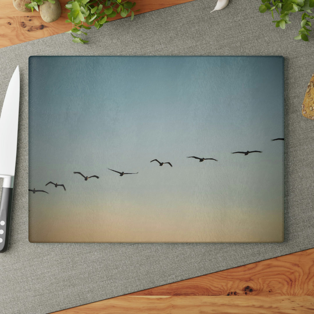 Brown Pelicans in Flight - Glass Cutting Board - Visiting This World