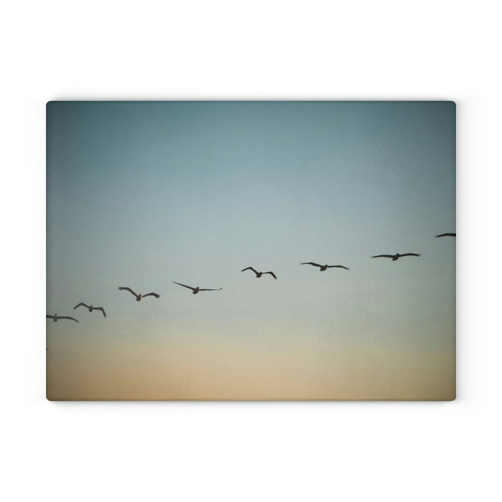 Brown Pelicans in Flight - Glass Cutting Board - Visiting This World