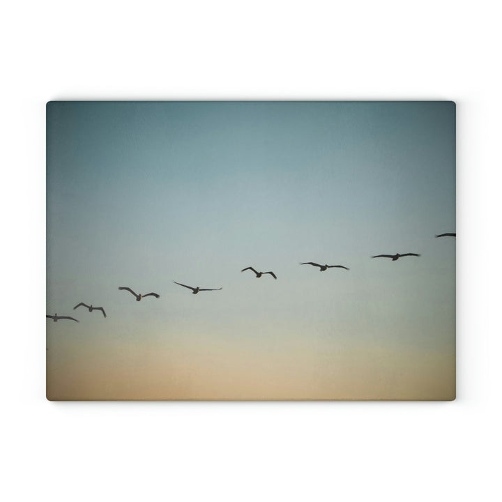 Brown Pelicans in Flight - Glass Cutting Board - Visiting This World