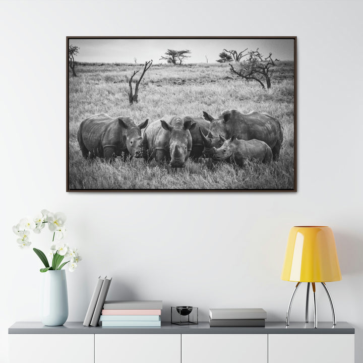 Rhino Family in Black and White - Canvas with Frame