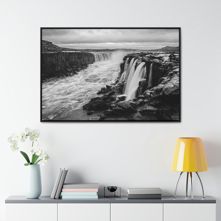 Selfoss in Black and White - Canvas with Frame