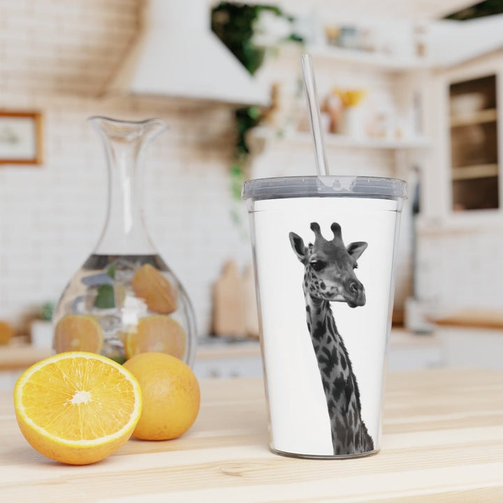 Giraffe Portrait in Black and White - Plastic Tumbler with Straw - Visiting This World