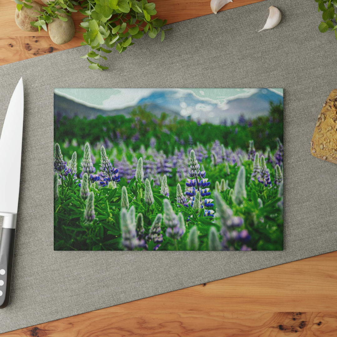 Glowing Lupin with Mountains - Glass Cutting Board - Visiting This World