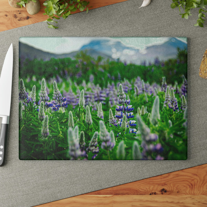 Glowing Lupin with Mountains - Glass Cutting Board - Visiting This World