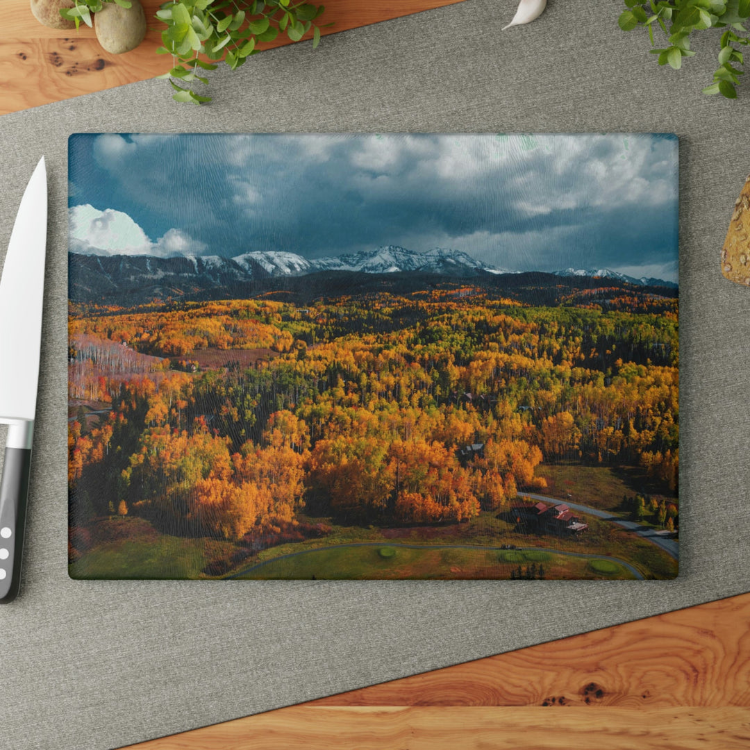 Golds of Autumn - Glass Cutting Board - Visiting This World