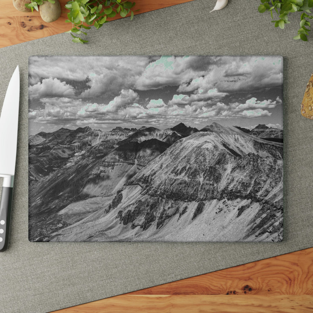 Imogene Pass From the Air in Black and White - Glass Cutting Board - Visiting This World