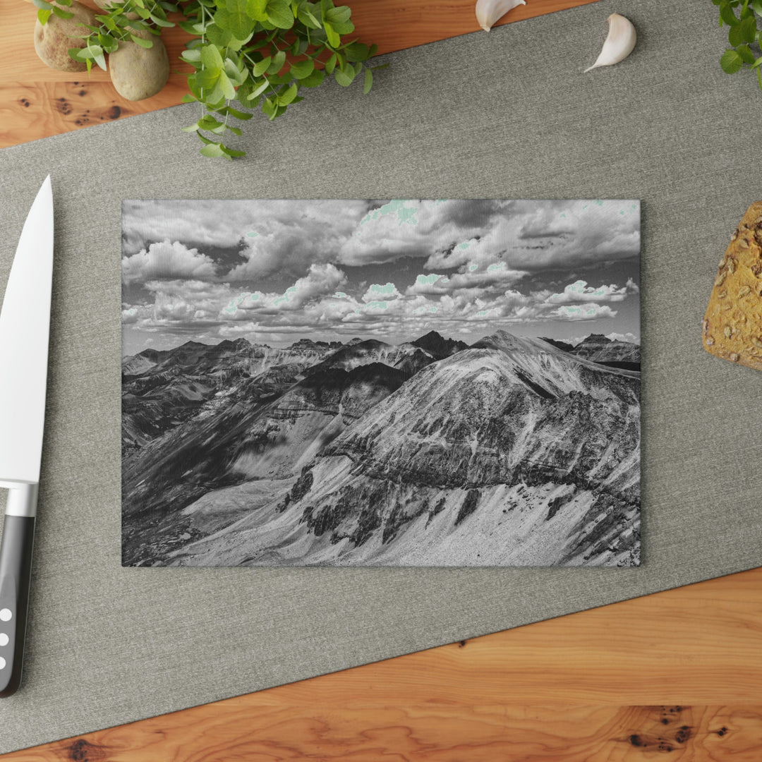 Imogene Pass From the Air in Black and White - Glass Cutting Board - Visiting This World