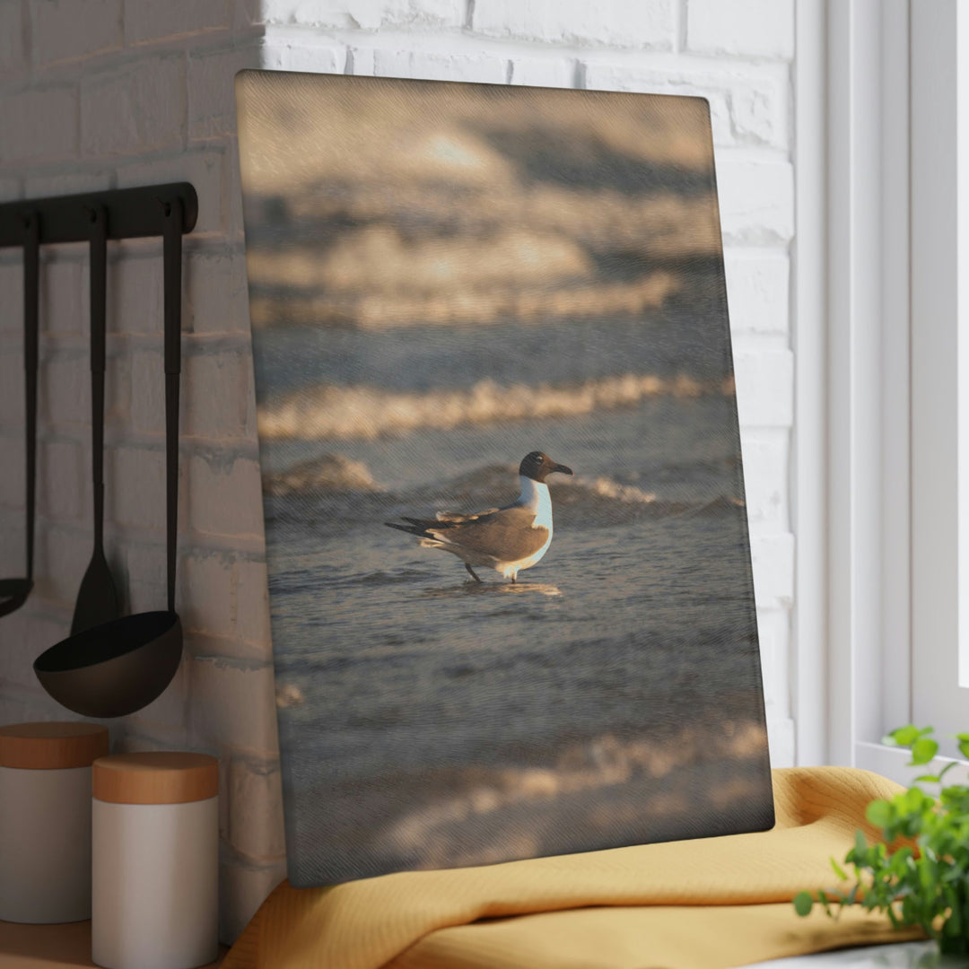 Laughing Gull in the Surf - Glass Cutting Board - Visiting This World