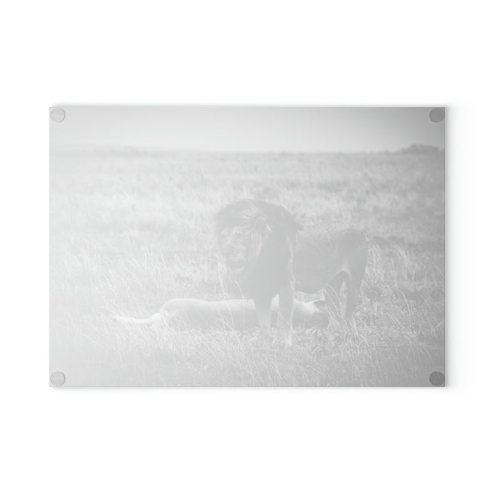 Mating Lions in Black and White - Glass Cutting Board - Visiting This World