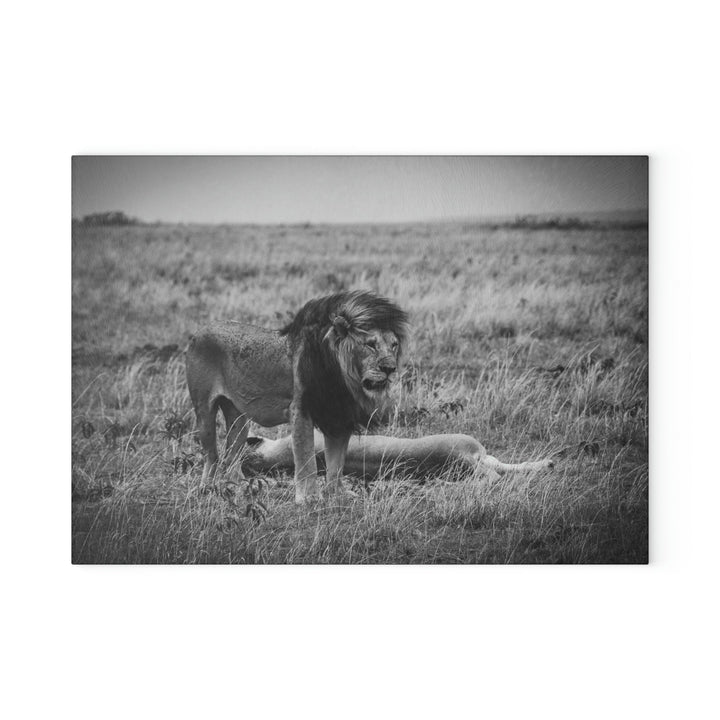 Mating Lions in Black and White - Glass Cutting Board - Visiting This World