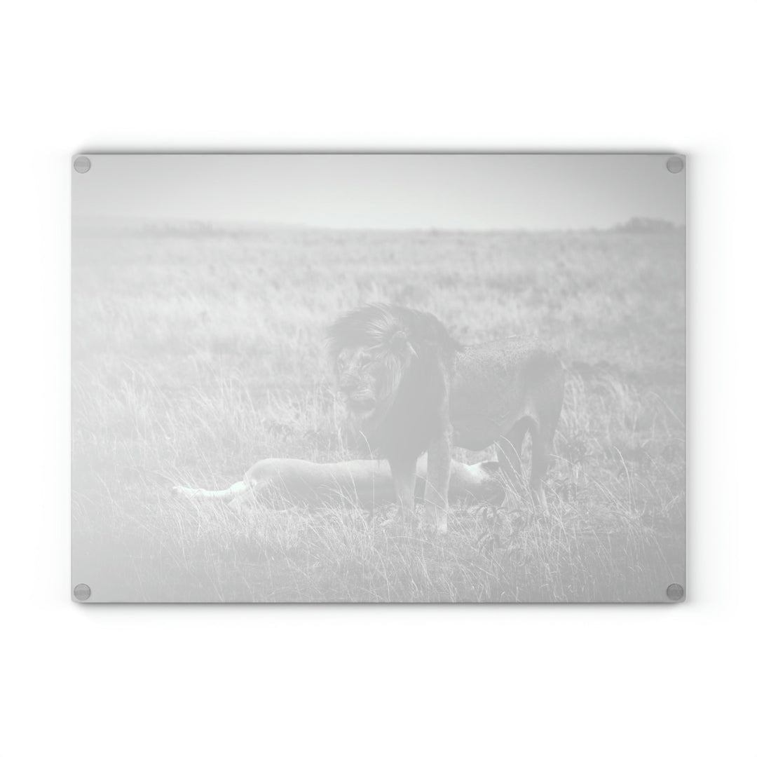 Mating Lions in Black and White - Glass Cutting Board - Visiting This World