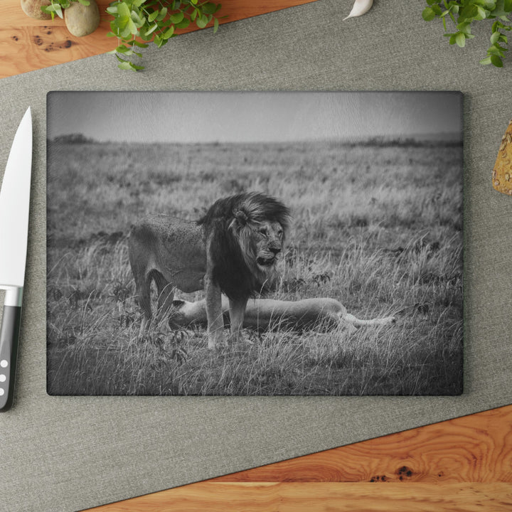 Mating Lions in Black and White - Glass Cutting Board - Visiting This World