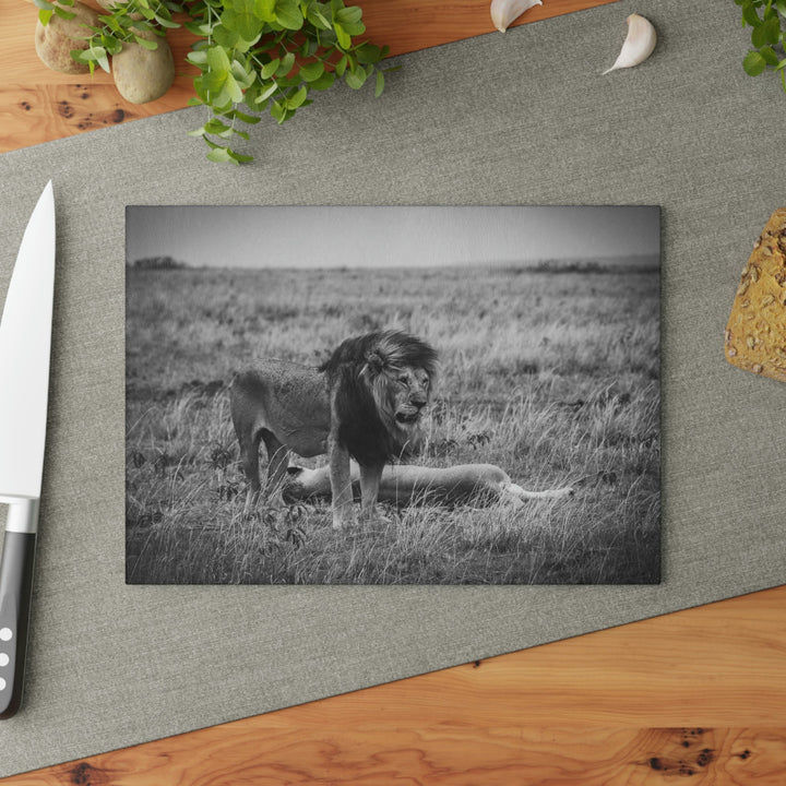 Mating Lions in Black and White - Glass Cutting Board - Visiting This World