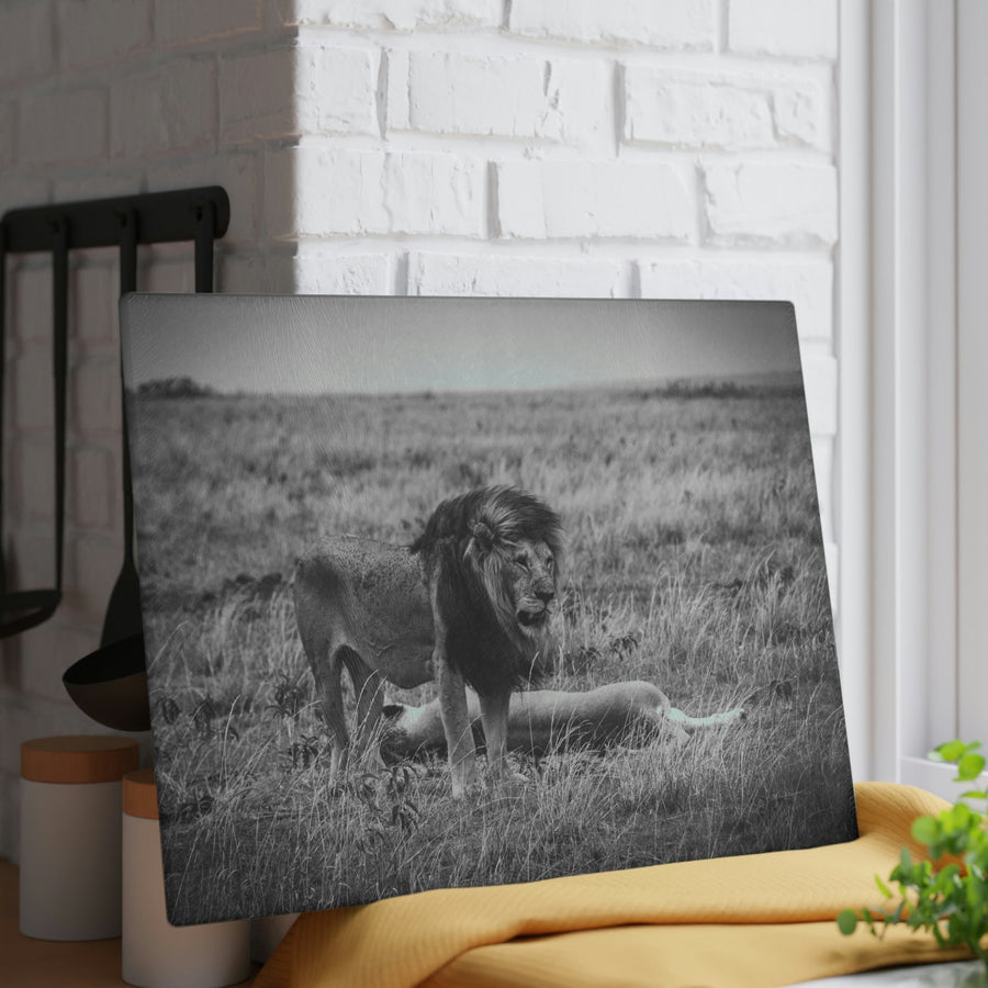 Mating Lions in Black and White - Glass Cutting Board - Visiting This World