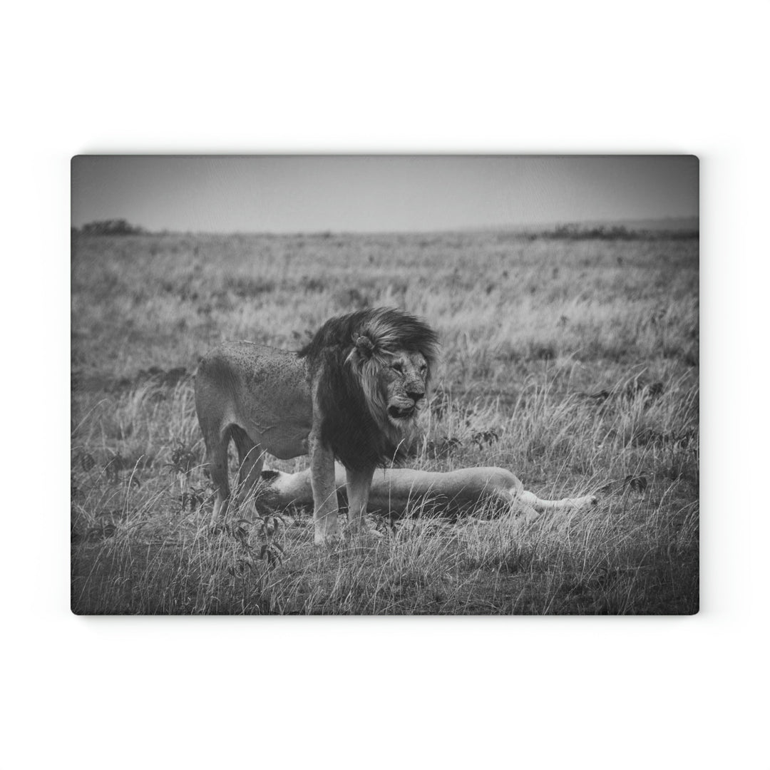 Mating Lions in Black and White - Glass Cutting Board - Visiting This World