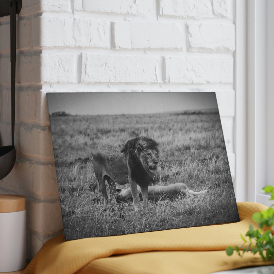 Mating Lions in Black and White - Glass Cutting Board - Visiting This World