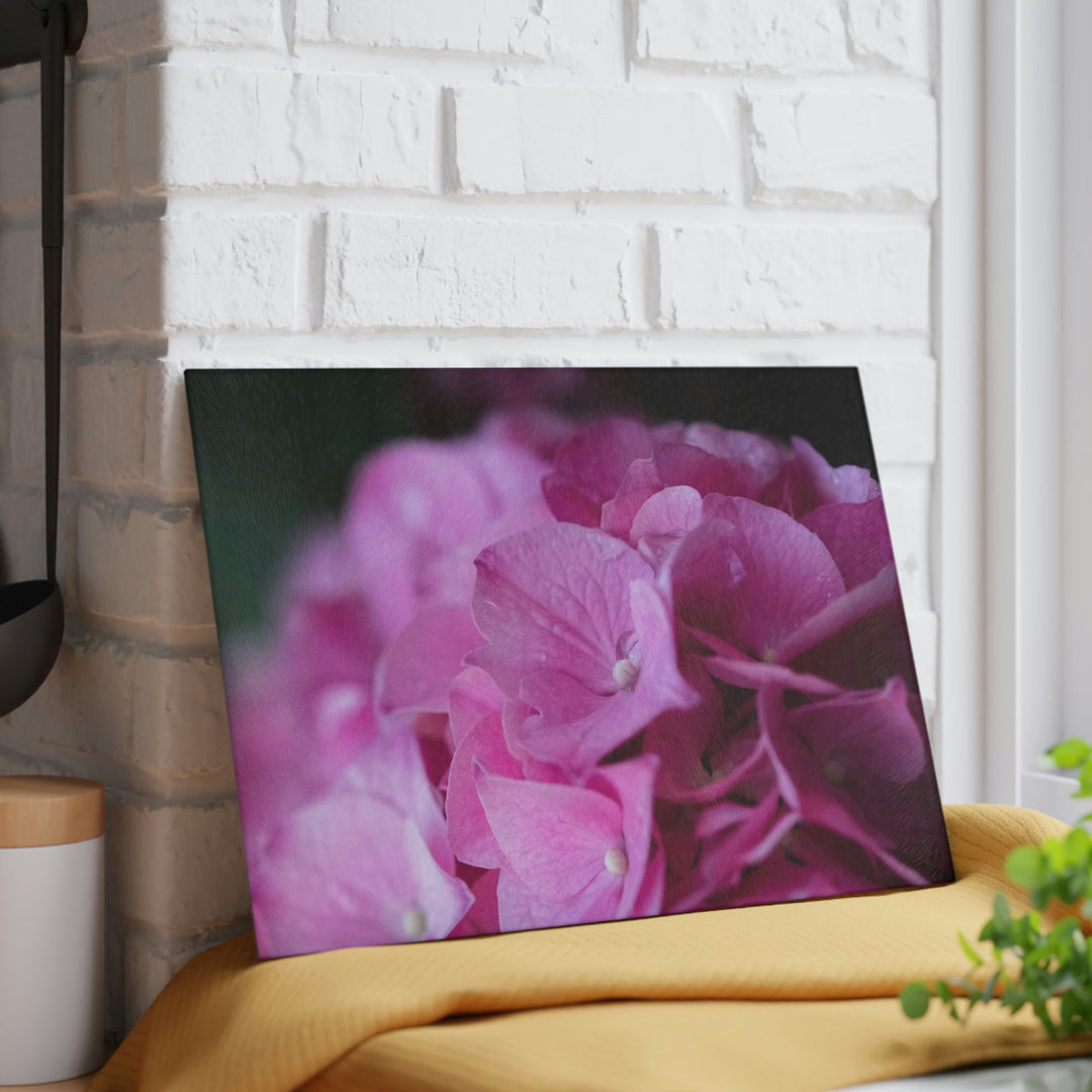 Pink Hydrangea Detail - Glass Cutting Board - Visiting This World