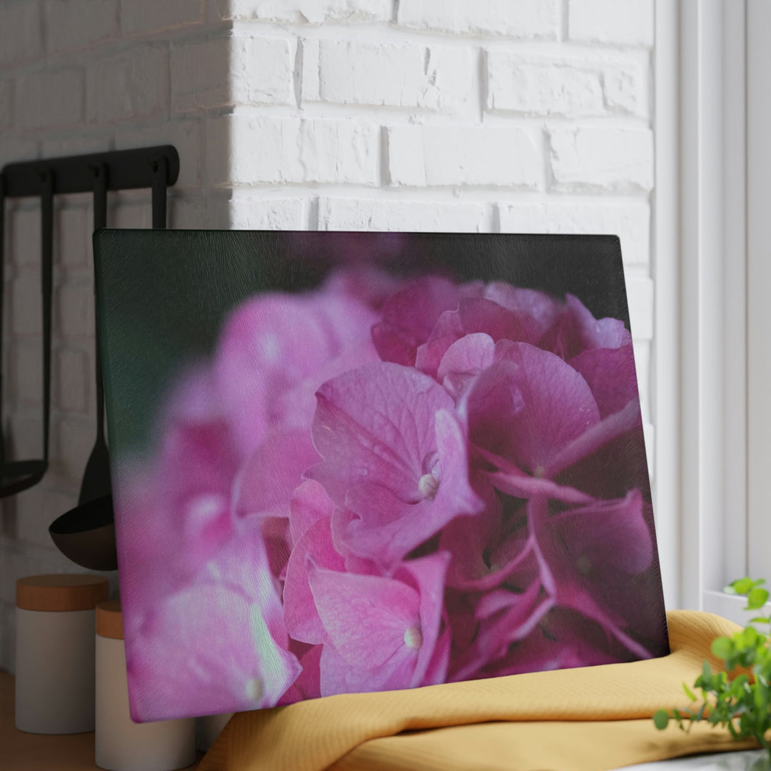 Pink Hydrangea Detail - Glass Cutting Board - Visiting This World