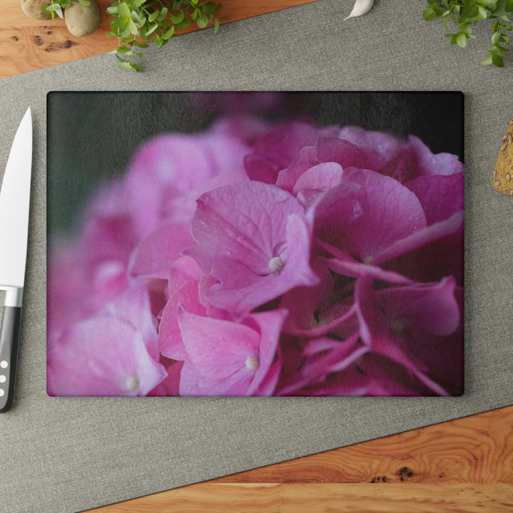 Pink Hydrangea Detail - Glass Cutting Board - Visiting This World