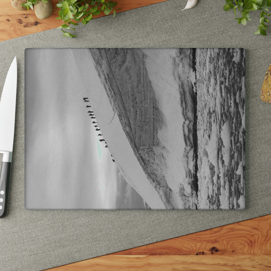 Preparing for the Climb in Black and White - Glass Cutting Board - Visiting This World