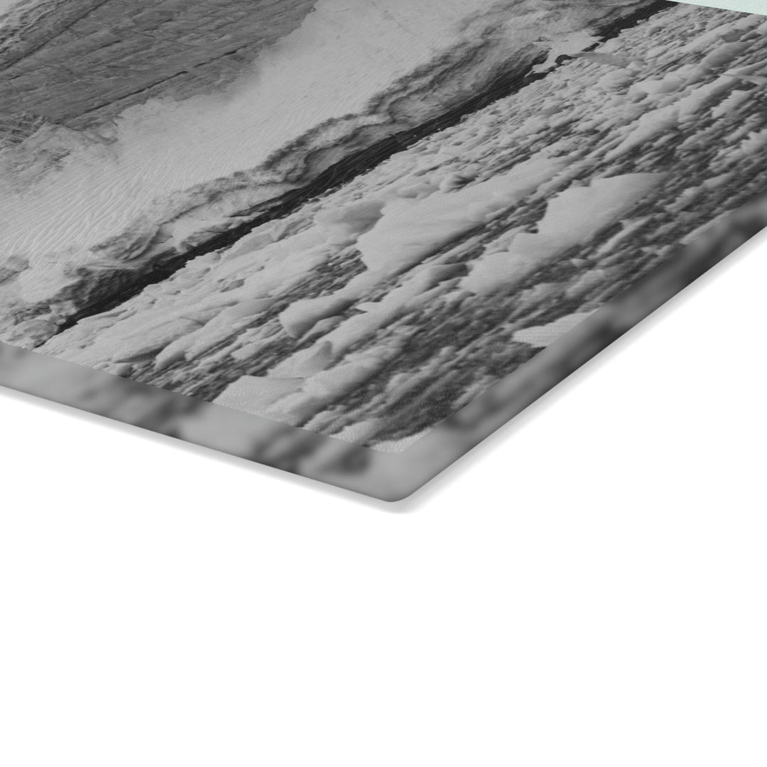 Preparing for the Climb in Black and White - Glass Cutting Board - Visiting This World