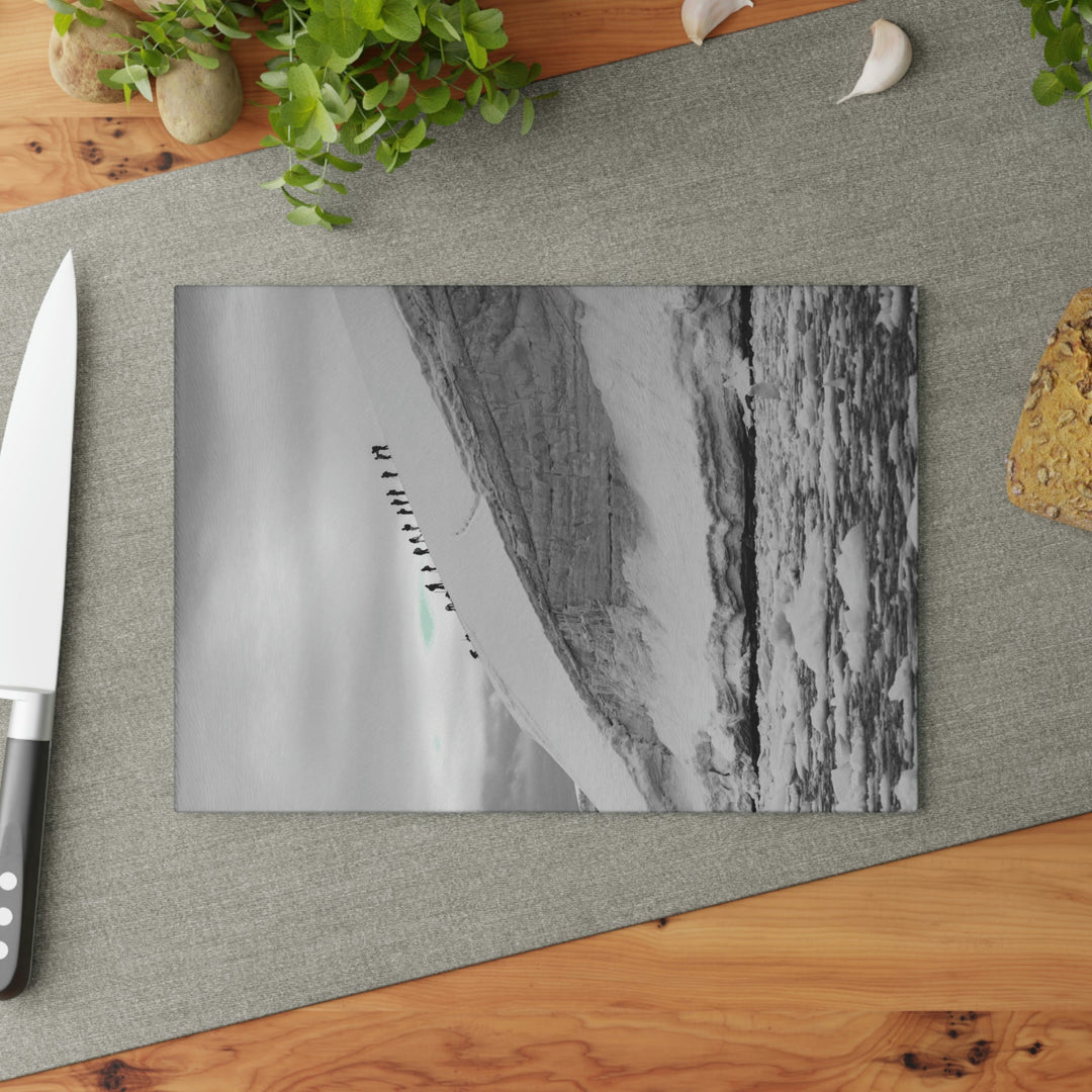 Preparing for the Climb in Black and White - Glass Cutting Board - Visiting This World