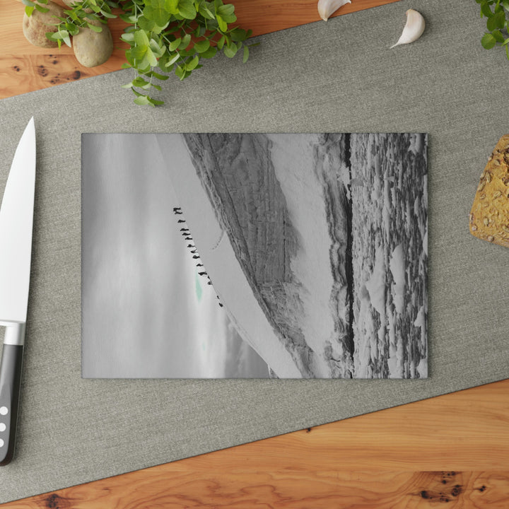 Preparing for the Climb in Black and White - Glass Cutting Board - Visiting This World