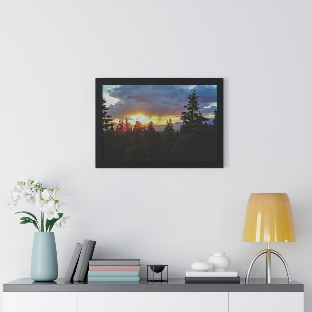 Rainy Sunset Through the Trees - Framed Print - Visiting This World