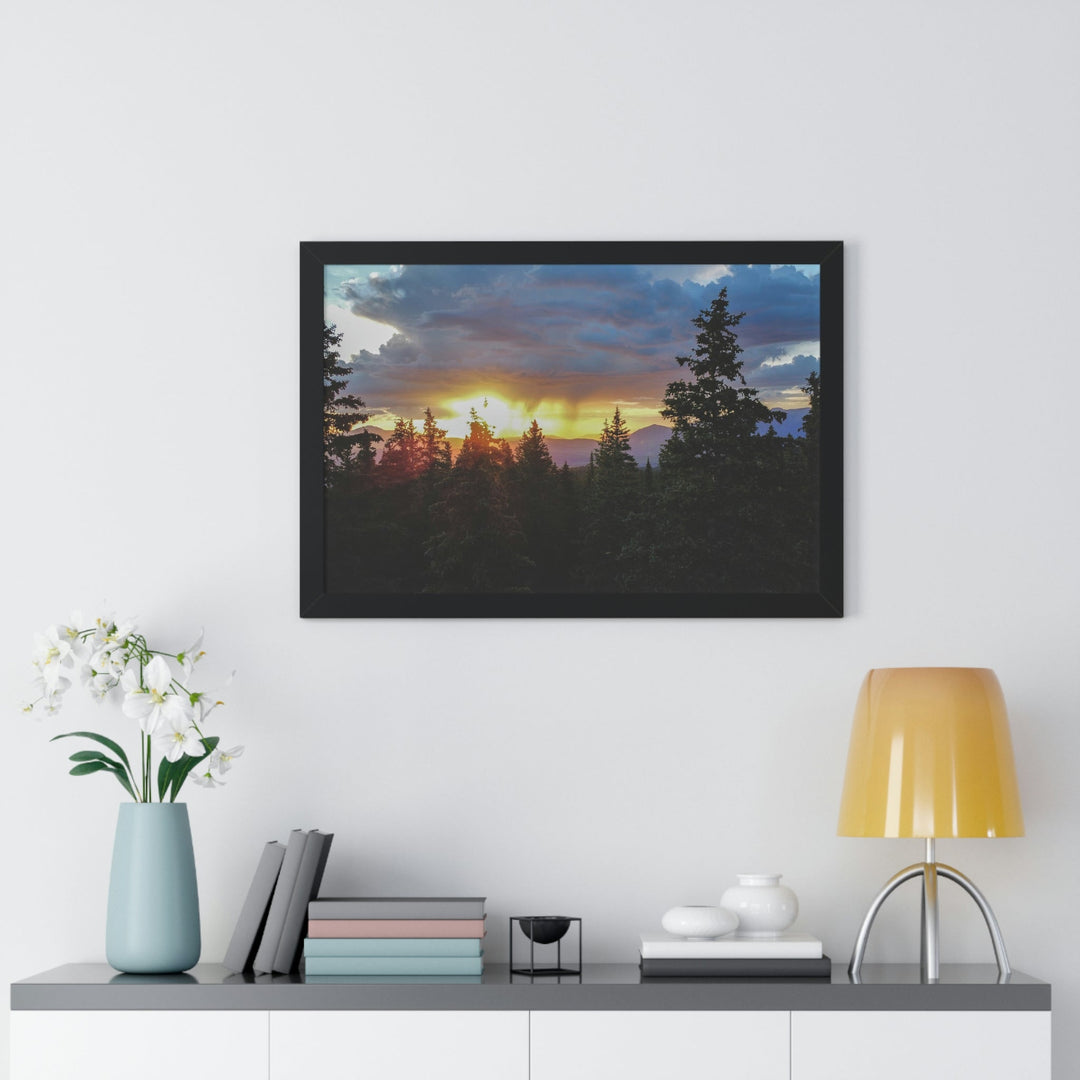 Rainy Sunset Through the Trees - Framed Print - Visiting This World