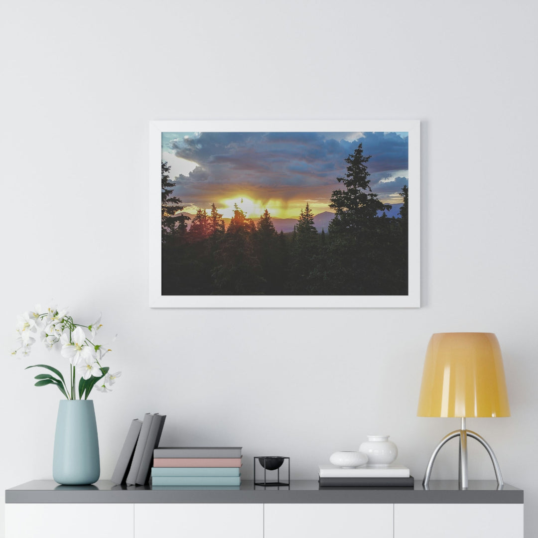 Rainy Sunset Through the Trees - Framed Print - Visiting This World