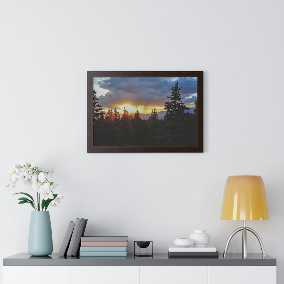 Rainy Sunset Through the Trees - Framed Print - Visiting This World