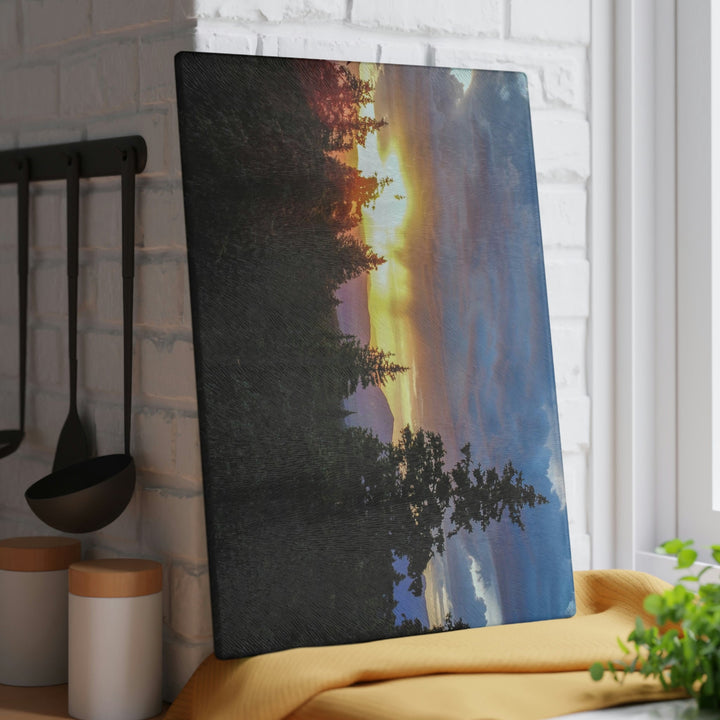 Rainy Sunset Through the Trees - Glass Cutting Board - Visiting This World